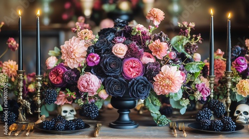 Elegant Floral Arrangement With Dark Hues and Gothic Elements for a Sophistic...