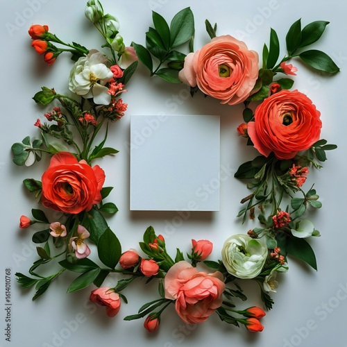 Floral Arrangement Featuring Vibrant Blooms Surrounding a Blank Space for Cre...