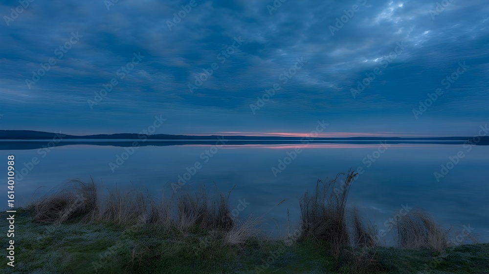 Obraz premium Serene Lake Scene Featuring Calm Water, Grass, and a Dramatic Sky