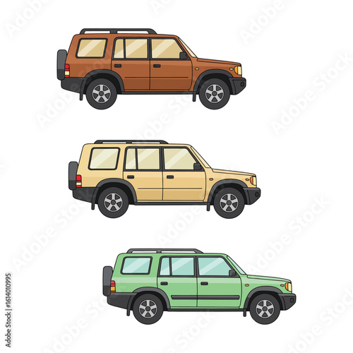 Three Colorful Cartoon SUV Cars in Brown Beige and Green on White