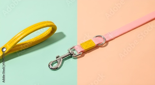 Dog Leash with Yellow Handle and Pink Strap on Pastel Split Background – Modern Pet Accessory Flat Lay