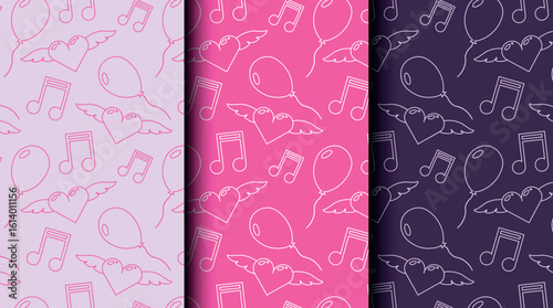 Set of seamless outline patterns for birthday and party themes in pink / purple monochrome. Perfect for wrapping paper, invitations, cards, and festive packaging