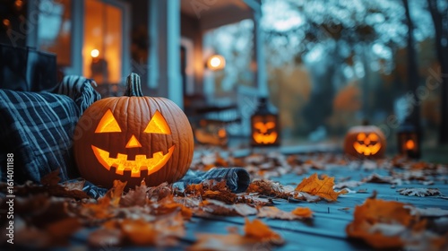 Warm Autumn Evening With Glowing Jack-O-Lanterns on a Porch Surrounded by Col...