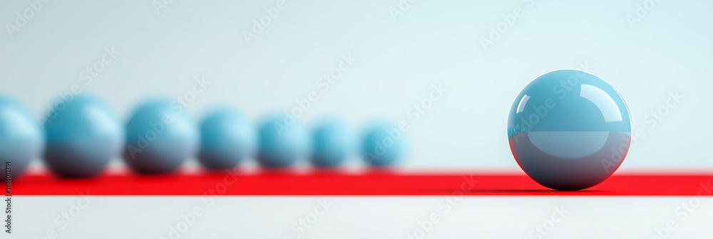 Obraz premium Blue sphere stands out in a row, symbolizing leadership and uniqueness, set against a soft background. Bright and Minimalistic Composition.