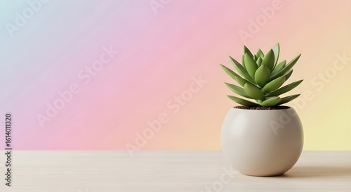 Minimalist Green Succulent Plant in Beige Pot on Wooden Table with Pastel Gradient Background