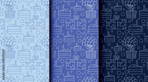 Set of seamless outline patterns for birthday and party themes in blue monochrome. Perfect for wrapping paper, invitations, cards, and festive packaging