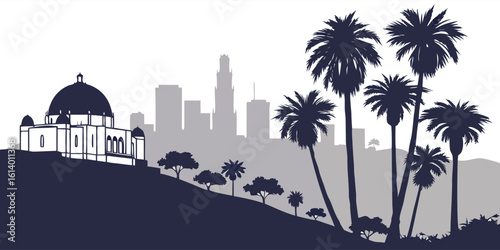 Los Angeles Cityscape Silhouette Vector with Famous Landmarks & Palm Trees