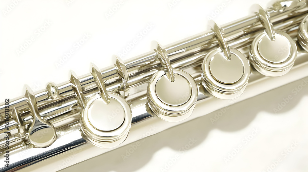 Fototapeta premium Close-up of a silver flute's key mechanism. Keys, rings, and body of a flute are highlighted in detailed view