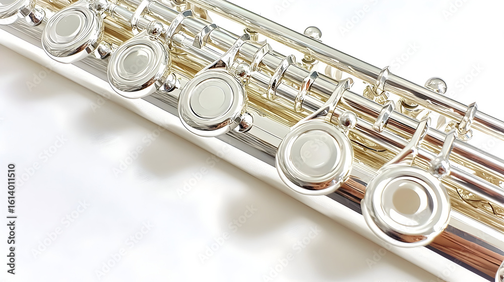 Obraz premium Close-up of a silver flute's key mechanism, showing intricate design and polished metal