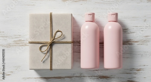 Minimalist Flat Lay of Pink Bottles and Linen Wrapped Gift Box on White Wooden Background