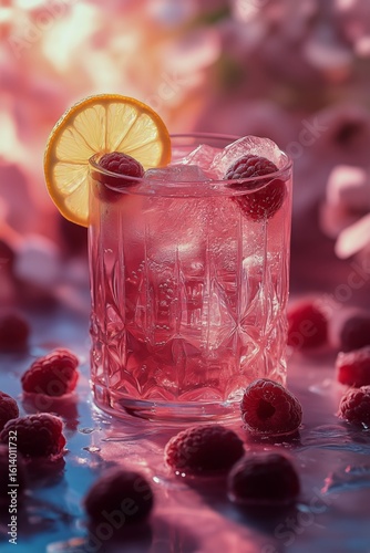 Refreshing Raspberry Cocktail With Lemon Garnish Surrounded by Fresh Berries ...
