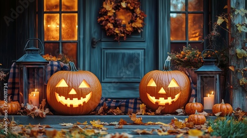 Warm Autumn Evening With Glowing Jack-O-Lanterns on a Porch Surrounded by Col...