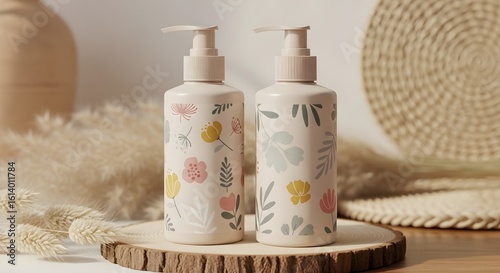 Pastel Lotion Pump Bottles with Floral Design on Wooden Surface