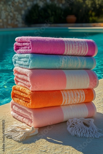 Vibrant Towels Stacked by a Sparkling Pool Under the Sun in a Tranquil Outdoo...