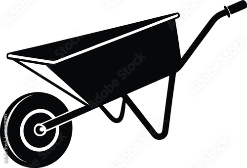 Wheelbarrow silhouette drawing, garden tool line art, construction cart vector, minimal equipment icon, farming illustration design