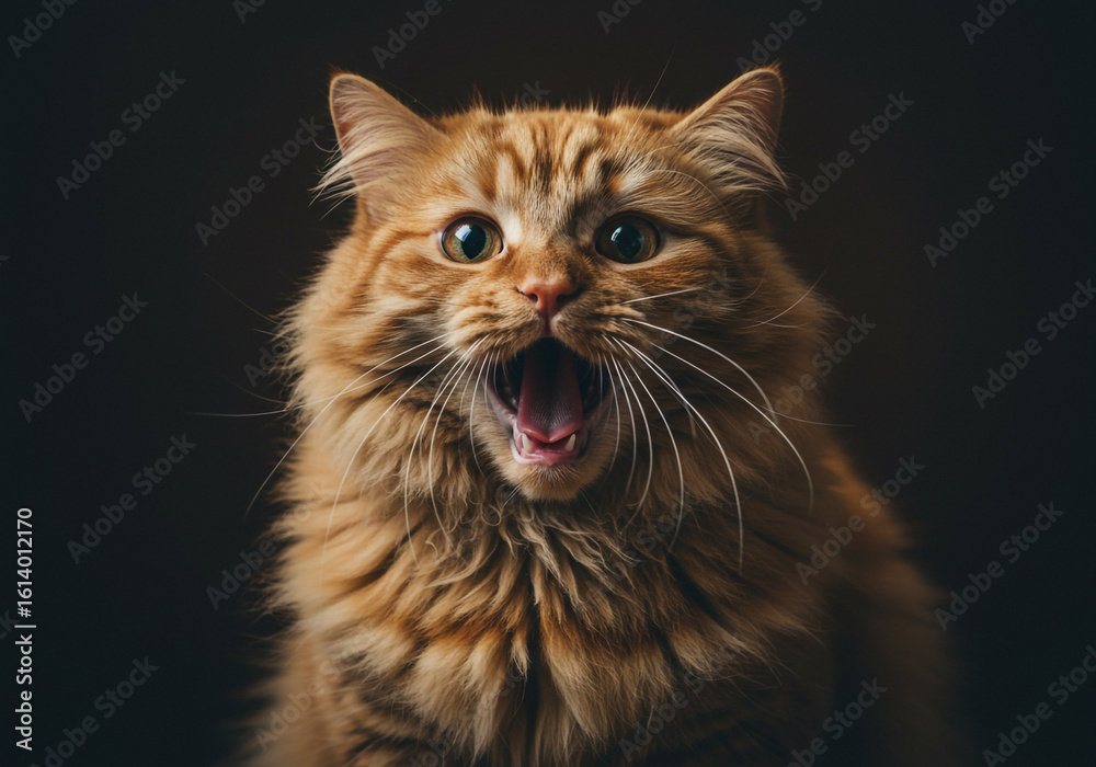 Fototapeta premium Cat with mouth open wide, mid-meow, caught in total shock, shocked funny
