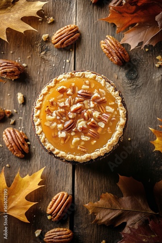 Delicious Pecan Pie Surrounded by Autumn Leaves and Nuts on Wooden Table