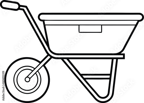 Wheelbarrow silhouette drawing, garden tool line art, construction cart vector, minimal equipment icon, farming illustration design