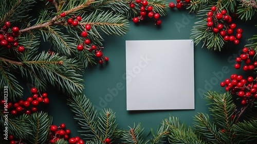 Holiday Card Surrounded by Pine Branches and Red Berries on a Green Background