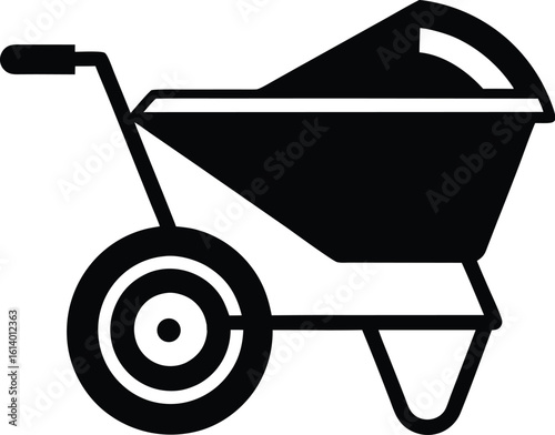 Wheelbarrow silhouette drawing, garden tool line art, construction cart vector, minimal equipment icon, farming illustration design