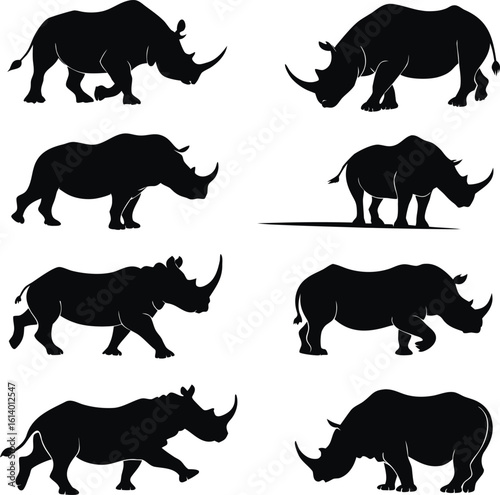 Rhinoceros silhouette bundle set vector with editable white background 