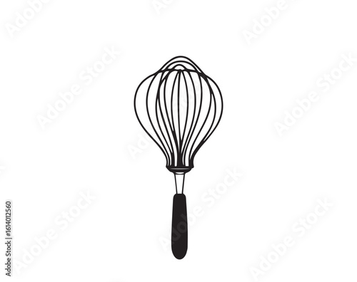 Black outline drawing of a wire whisk with handle on white background