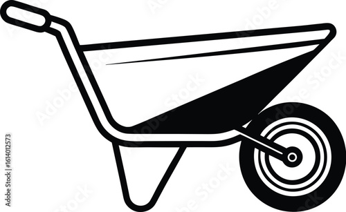 Wheelbarrow silhouette drawing, garden tool line art, construction cart vector, minimal equipment icon, farming illustration design
