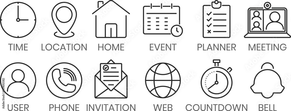 Naklejka premium Event Icon Set, Date, Time, Place, Planner and Appointment, Check List Icon