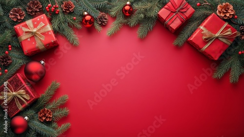 Gift Preparation and Decoration for Holiday Celebrations on a Red Background ...