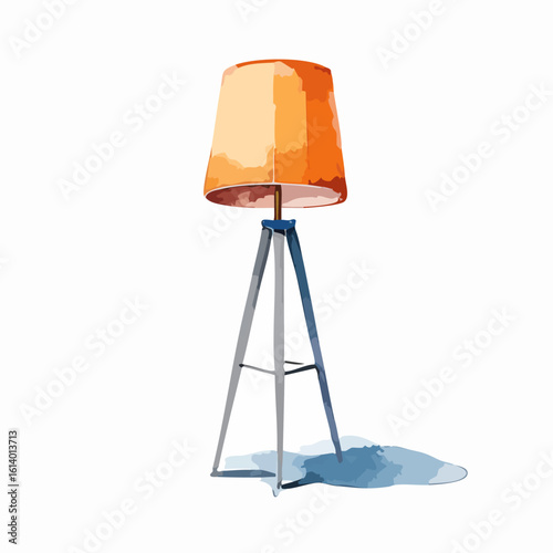 Watercolor illustration of a modern tripod floor lamp with a vibrant orange lampshade.