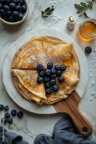 Freshly Made Crepes With Blueberries and Honey on a Wooden Plate.