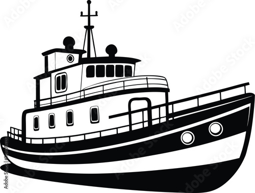 Tugboat silhouette drawing, marine vessel line art, harbor boat vector, nautical transport icon, minimal ship illustration