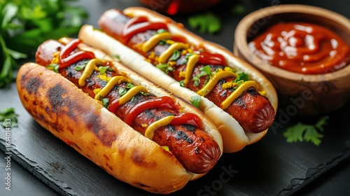 Delicious Hot Dogs Topped With Ketchup and Mustard on a Slate Platter With Fr...