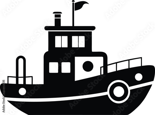 Tugboat silhouette drawing, marine vessel line art, harbor boat vector, nautical transport icon, minimal ship illustration