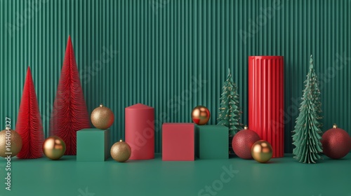 Holiday Decor Display Featuring Red and Green Geometric Shapes With Trees and...