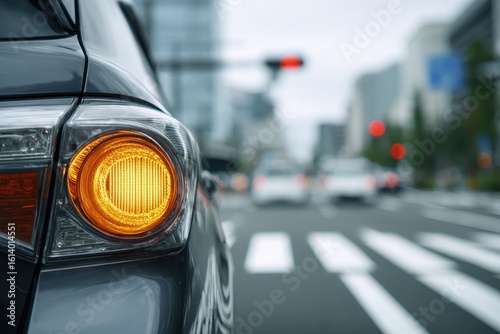 Urban Driving Scene: Vehicle Left Turn Signal Illuminated at a Busy Road Intersection