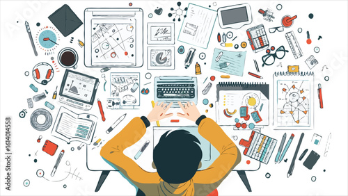 Top View of a Person at a Desk Surrounded by Creative Tools and Inspiration A Visual Representation of the Creative Process and Productive Work