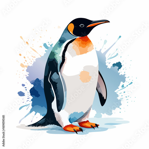 A standing King Penguin in profile, depicted in a vibrant watercolor style with colorful splashes.
