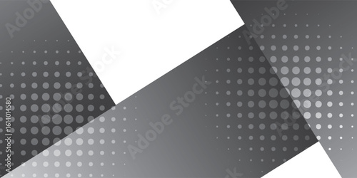 Dynamic abstract grayscale background with overlapping geometric shapes and varying halftone dot patterns. Modern and striking vector design