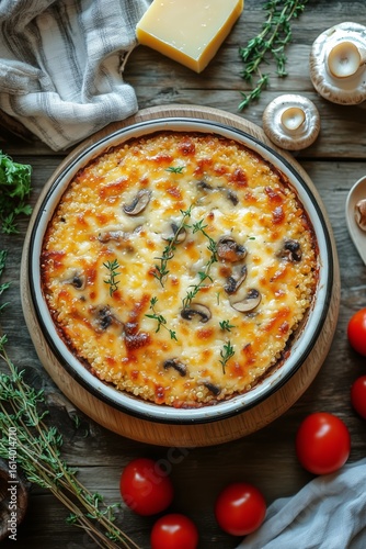 Delicious Mushroom and Cheese Baked Dish on a Wooden Table Surrounded by Fres...