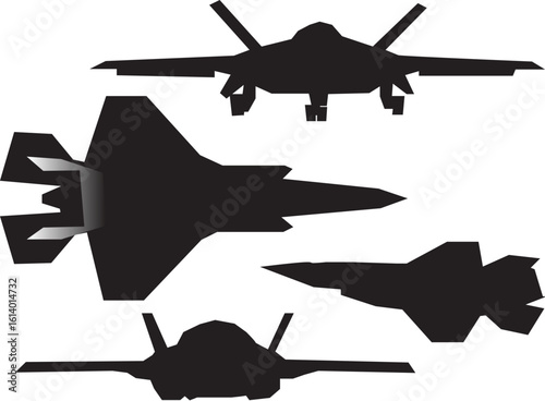 Silhouette set of modern military fighter jets in various angles and positions. Black aircraft vector illustration on white background.