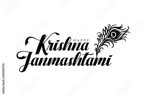Happy krishna janmashtami greetings with peacock feather vector illustration.