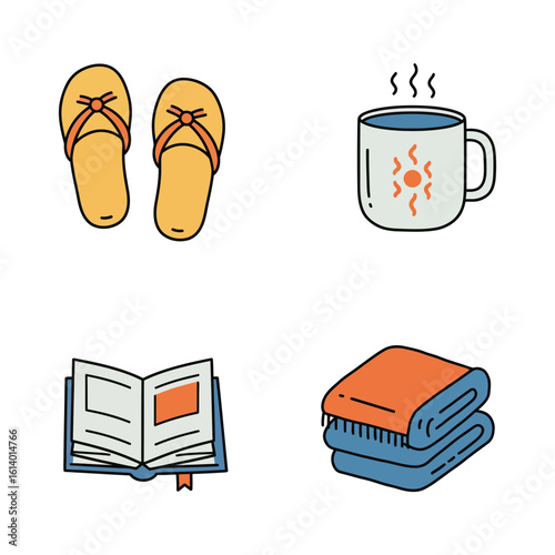 Relaxation Time Icons Featuring Flip Flops Hot Drink Book and Towel