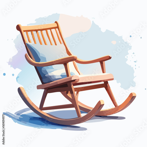 Classic wooden rocking chair with a slatted back and blue cushion, watercolor art.