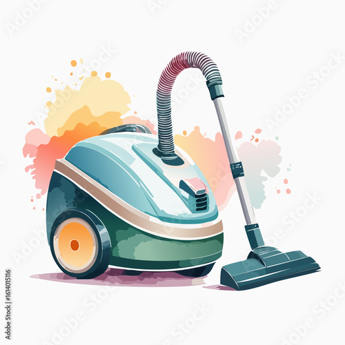 A stylized watercolor illustration of a teal and blue canister vacuum cleaner with a flexible hose and orange wheels.