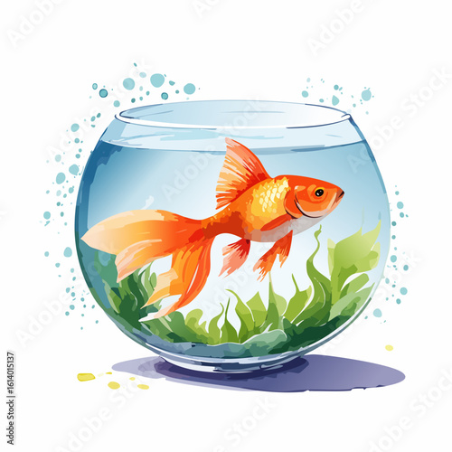 Elegant orange goldfish with flowing fins in a watercolor style glass fishbowl.