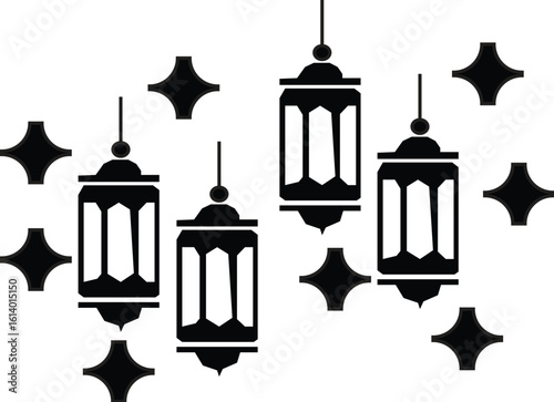 Minimalist black silhouette illustration of four hanging Islamic lanterns with subtle star details. Elegant design for Ramadan Kareem, Eid, or festive decorations.