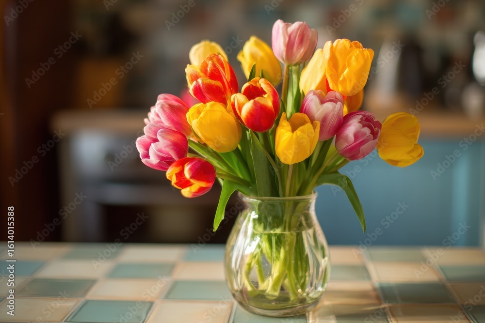 Fototapeta premium Vibrant Tulips Displayed on Kitchen Counter with Chequered Background