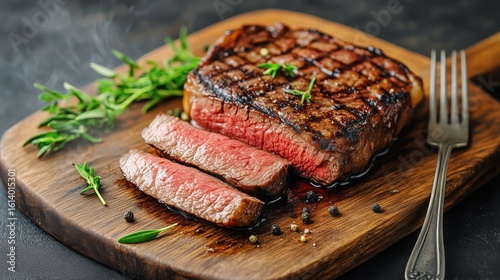 Juicy Grilled Steak Served on Wooden Board With Fresh Herbs and Perfect Sear ...