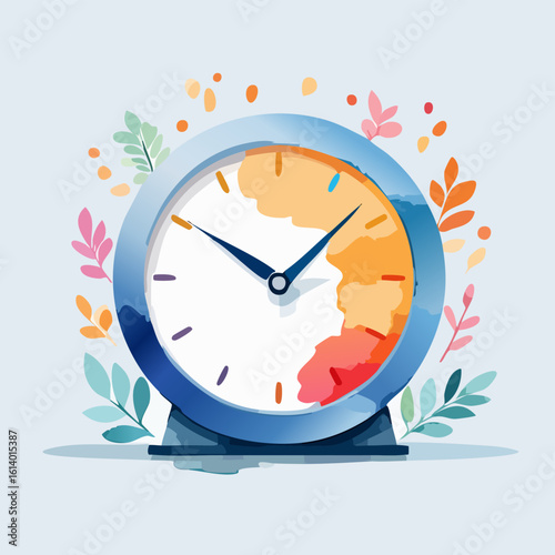 Blue watercolor alarm clock with colorful abstract face and decorative leaves